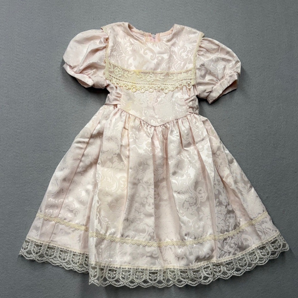 Jessica McClintock Girls Dress 4T Pink Vintage 70s Damask Lace Headband Set